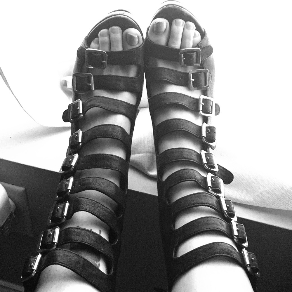 Buckled open toe wedge boots!